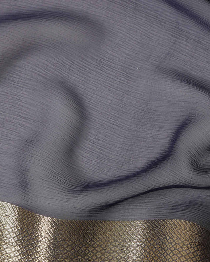 Dark Blue Wrinkle Silk Chiffon Fabric with Golden Border Stripe Lightweight Sheer Textured Fabric for Sarees Dresses Dupattas and Crafts 110 Cms Wide South Korea Origin-D27664