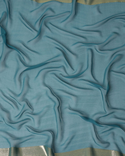 Teal Blue Wrinkle Silk Chiffon Fabric with Golden Border Stripe Lightweight Sheer Textured Fabric for Sarees Dresses Dupattas and Crafts 110 Cms Wide South Korea Origin-D27663