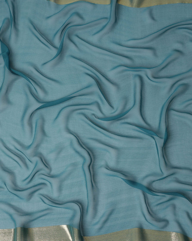 Teal Blue Wrinkle Silk Chiffon Fabric with Golden Border Stripe Lightweight Sheer Textured Fabric for Sarees Dresses Dupattas and Crafts 110 Cms Wide South Korea Origin-D27663