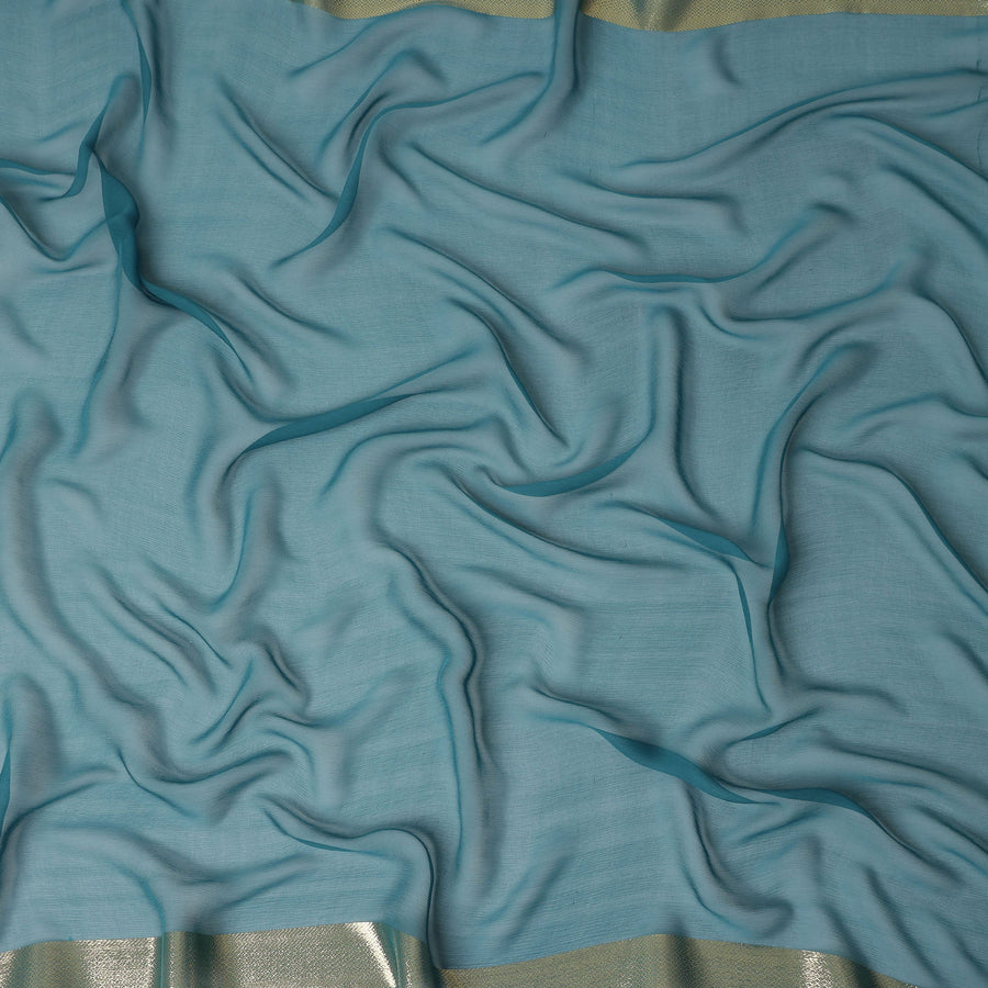 Teal Blue Wrinkle Silk Chiffon Fabric with Golden Border Stripe Lightweight Sheer Textured Fabric for Sarees Dresses Dupattas and Crafts 110 Cms Wide South Korea Origin-D27663