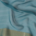 Teal Blue Wrinkle Silk Chiffon Fabric with Golden Border Stripe Lightweight Sheer Textured Fabric for Sarees Dresses Dupattas and Crafts 110 Cms Wide South Korea Origin-D27663