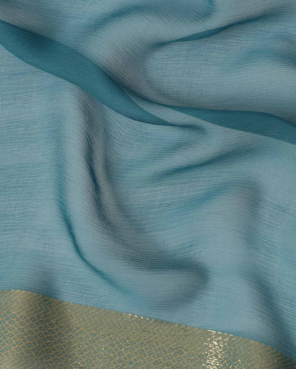 Teal Blue Wrinkle Silk Chiffon Fabric with Golden Border Stripe Lightweight Sheer Textured Fabric for Sarees Dresses Dupattas and Crafts 110 Cms Wide South Korea Origin-D27663