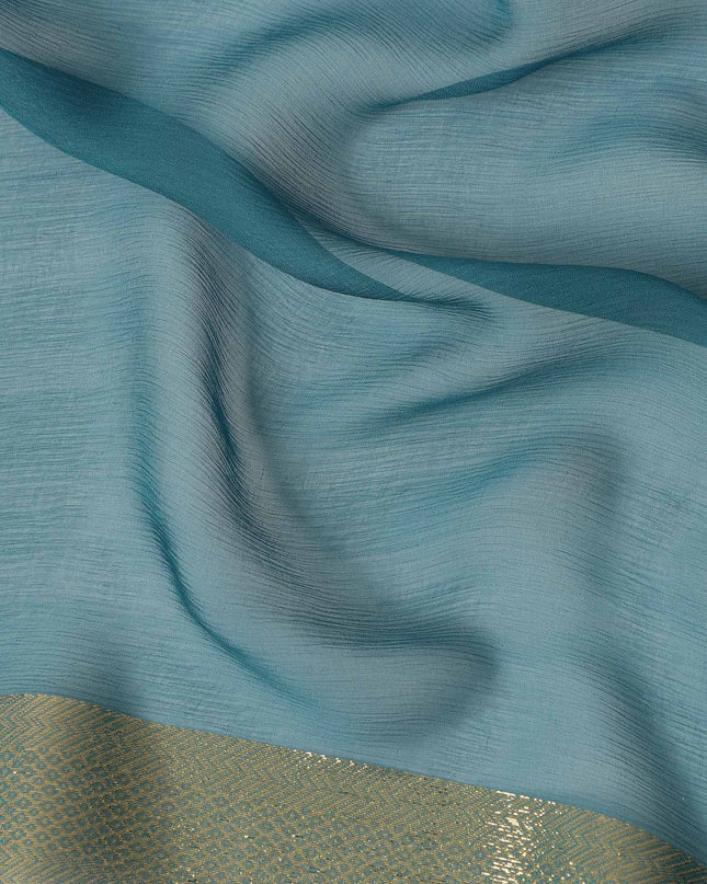 Teal Blue Wrinkle Silk Chiffon Fabric with Golden Border Stripe Lightweight Sheer Textured Fabric for Sarees Dresses Dupattas and Crafts 110 Cms Wide South Korea Origin-D27663