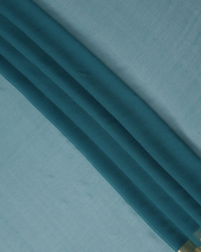 Teal Blue Wrinkle Silk Chiffon Fabric with Golden Border Stripe Lightweight Sheer Textured Fabric for Sarees Dresses Dupattas and Crafts 110 Cms Wide South Korea Origin-D27663