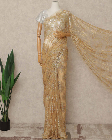 Gold Premium French Metallic Chantilly Saree Lace With Stone Work 5.5 Mtrs Length 110 Cms Width Designer Net Fabric Made In France, Blouse Not Included-D28136