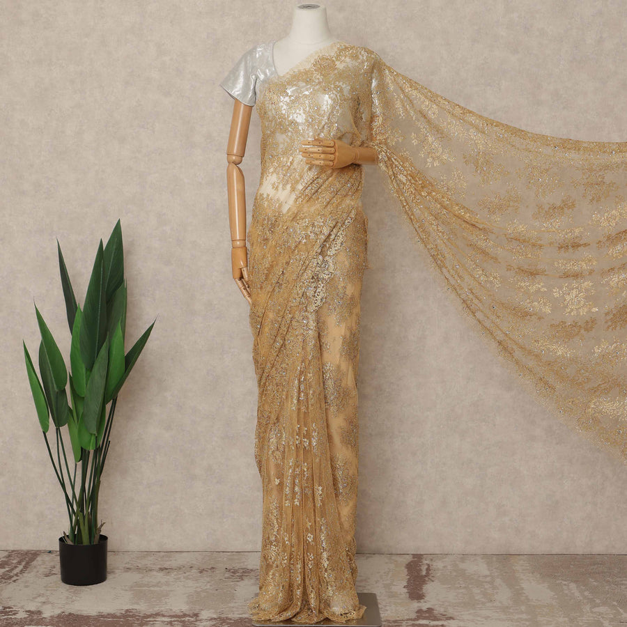 Gold Premium French Metallic Chantilly Saree Lace With Stone Work 5.5 Mtrs Length 110 Cms Width Designer Net Fabric Made In France, Blouse Not Included-D28136