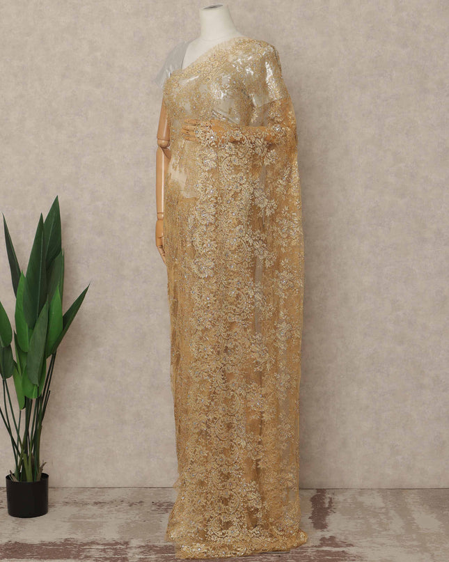 Gold Premium French Metallic Chantilly Saree Lace With Stone Work 5.5 Mtrs Length 110 Cms Width Designer Net Fabric Made In France, Blouse Not Included-D28136