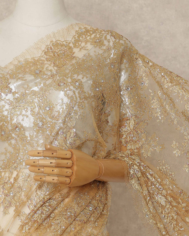 Gold Premium French Metallic Chantilly Saree Lace With Stone Work 5.5 Mtrs Length 110 Cms Width Designer Net Fabric Made In France, Blouse Not Included-D28136