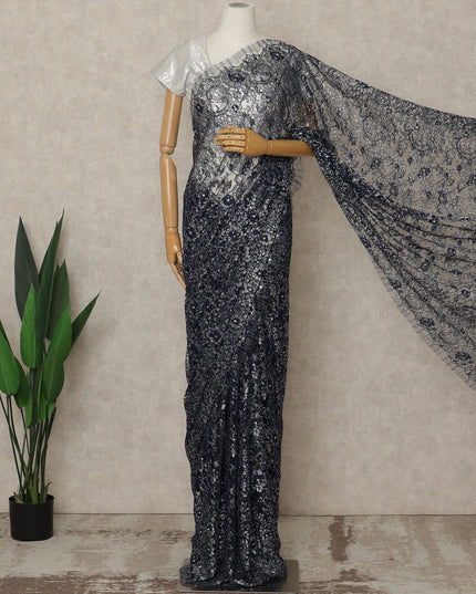 Navy Blue Premium French Metallic Chantilly Lace Saree with Stone Work, 5.5 Mtrs Length, 110 Cms Width, Crafted in France-Blouse Not Included-D26684 - Regal Fabrics