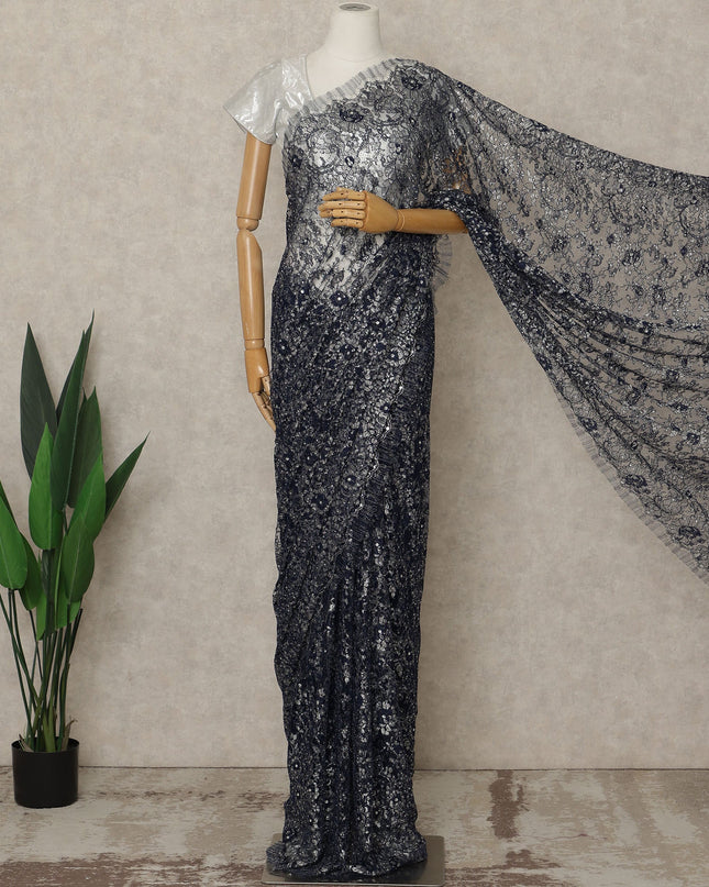 Navy Blue Premium French Metallic Chantilly Lace Saree with Stone Work, 5.5 Mtrs Length, 110 Cms Width, Crafted in France-Blouse Not Included-D26684