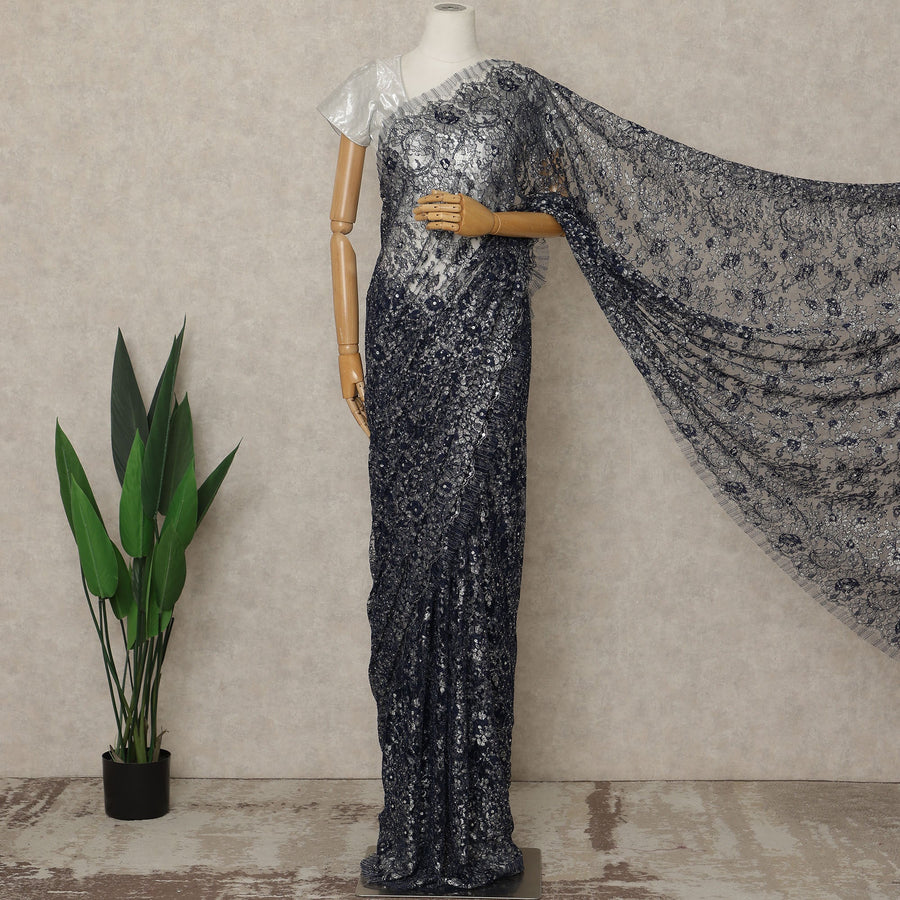 Navy Blue Premium French Metallic Chantilly Lace Saree with Stone Work, 5.5 Mtrs Length, 110 Cms Width, Crafted in France-Blouse Not Included-D26684 - Regal Fabrics