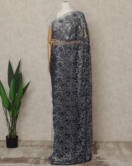 Navy Blue Premium French Metallic Chantilly Lace Saree with Stone Work, 5.5 Mtrs Length, 110 Cms Width, Crafted in France-Blouse Not Included-D26684 - Regal Fabrics