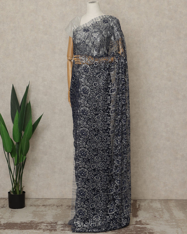 Navy Blue Premium French Metallic Chantilly Lace Saree with Stone Work, 5.5 Mtrs Length, 110 Cms Width, Crafted in France-Blouse Not Included-D26684