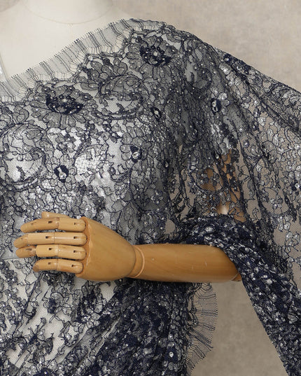 Navy Blue Premium French Metallic Chantilly Lace Saree with Stone Work, 5.5 Mtrs Length, 110 Cms Width, Crafted in France-Blouse Not Included-D26684 - Regal Fabrics