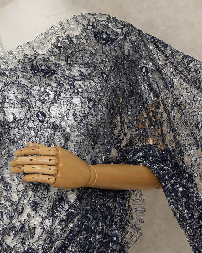 Navy Blue Premium French Metallic Chantilly Lace Saree with Stone Work, 5.5 Mtrs Length, 110 Cms Width, Crafted in France-Blouse Not Included-D26684