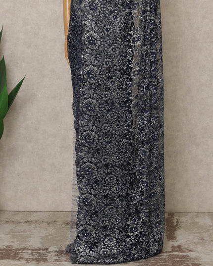 Navy Blue Premium French Metallic Chantilly Lace Saree with Stone Work, 5.5 Mtrs Length, 110 Cms Width, Crafted in France-Blouse Not Included-D26684 - Regal Fabrics