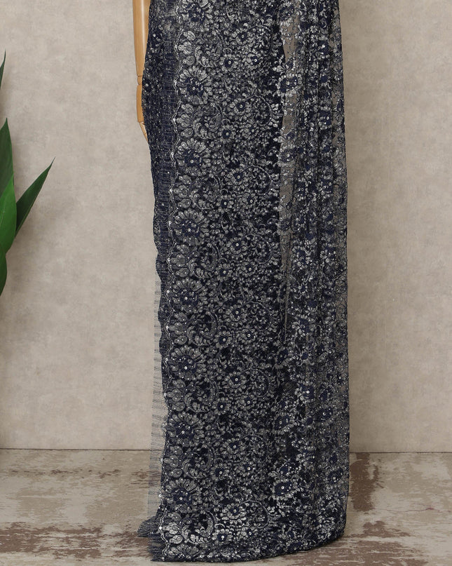 Navy Blue Premium French Metallic Chantilly Lace Saree with Stone Work, 5.5 Mtrs Length, 110 Cms Width, Crafted in France-Blouse Not Included-D26684