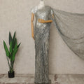 Silver Grey Premium French Metallic Chantilly Lace Saree with Stone Work, 5.5 Mtrs Length, 110 Cms Width, Crafted in France-Blouse Not Included-D26683