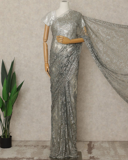 Silver Grey Premium French Metallic Chantilly Lace Saree with Stone Work, 5.5 Mtrs Length, 110 Cms Width, Crafted in France-Blouse Not Included-D26683