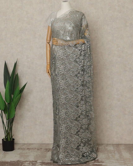 Silver Grey Premium French Metallic Chantilly Lace Saree with Stone Work, 5.5 Mtrs Length, 110 Cms Width, Crafted in France-Blouse Not Included-D26683