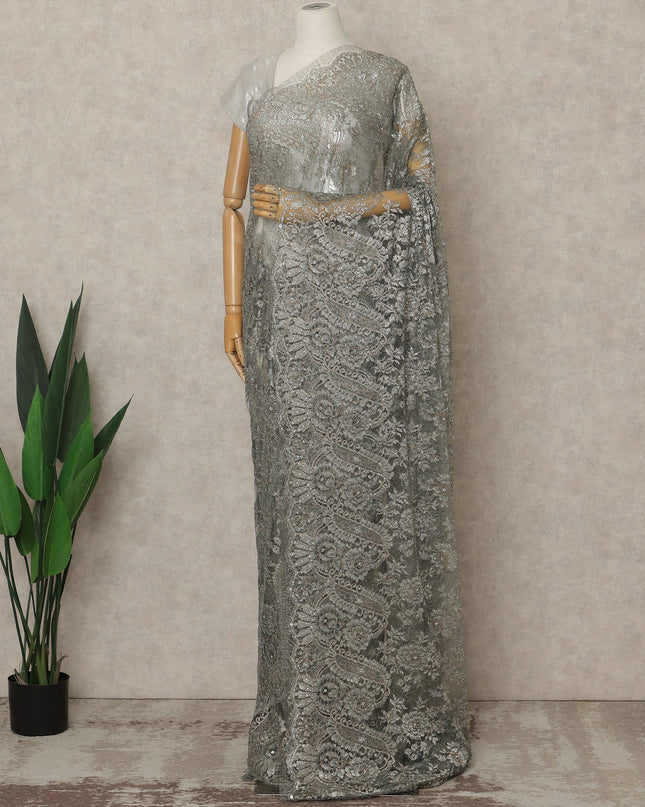 Silver Grey Premium French Metallic Chantilly Lace Saree with Stone Work, 5.5 Mtrs Length, 110 Cms Width, Crafted in France-Blouse Not Included-D26683