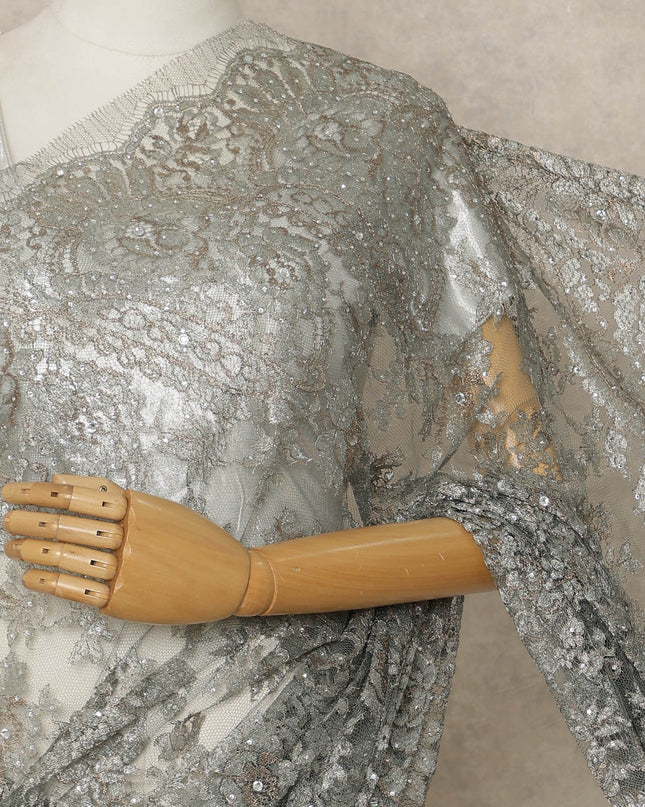 Silver Grey Premium French Metallic Chantilly Lace Saree with Stone Work, 5.5 Mtrs Length, 110 Cms Width, Crafted in France-Blouse Not Included-D26683