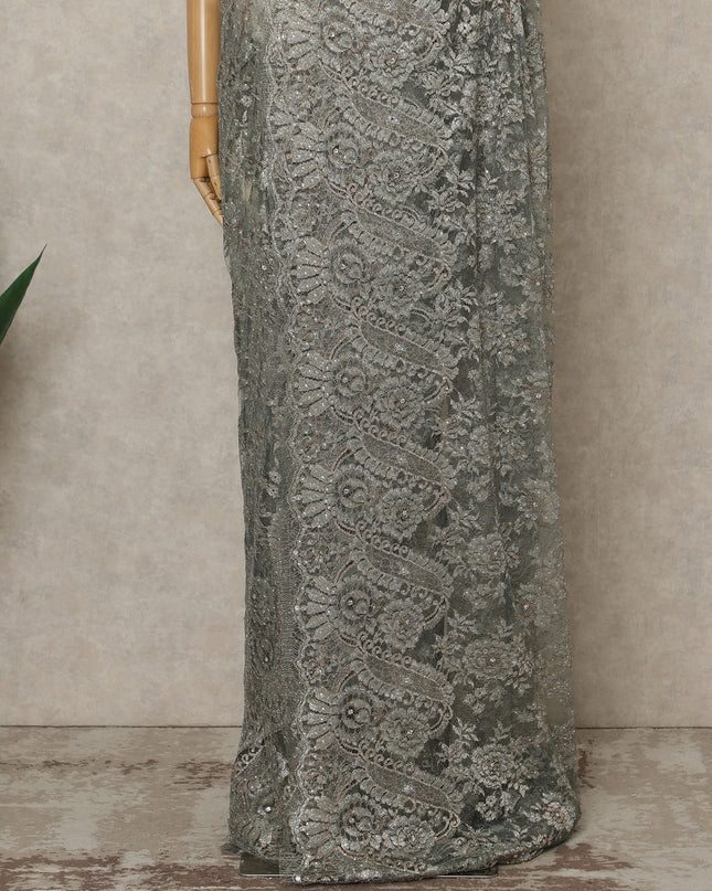 Silver Grey Premium French Metallic Chantilly Lace Saree with Stone Work, 5.5 Mtrs Length, 110 Cms Width, Crafted in France-Blouse Not Included-D26683