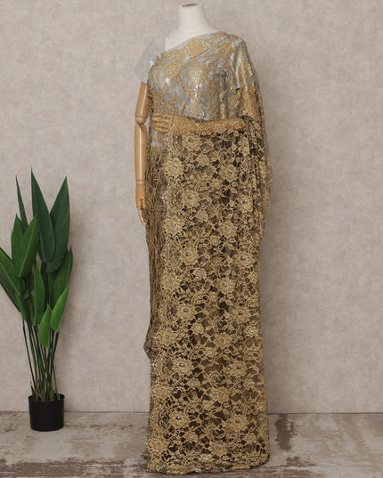 Gold Premium French Chantilly Saree Lace with Stone Work, 5.5 Mtrs, Width 110 Cms, Imported from France  & Blouse Not Included-D26592