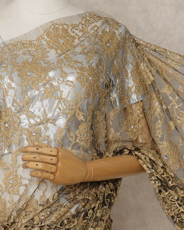 Gold Premium French Chantilly Saree Lace with Stone Work, 5.5 Mtrs, Width 110 Cms, Imported from France  & Blouse Not Included-D26592