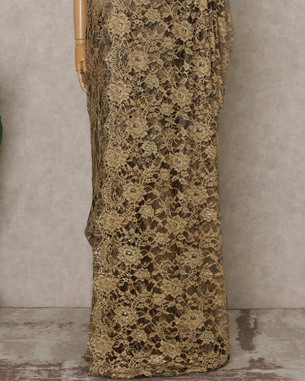 Gold Premium French Chantilly Saree Lace with Stone Work, 5.5 Mtrs, Width 110 Cms, Imported from France  & Blouse Not Included-D26592