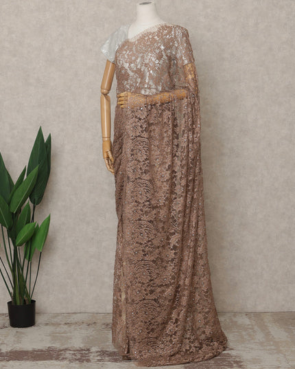 ساري فرنسي فاخر بلون بني موكا من الدانتيل الشانتيلي ثنائي اللون مع تطريز حجري، عرض 110 سم، 5.5 متر، فرنسا - D25586