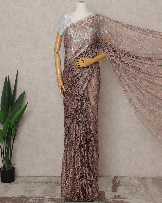 Rose Gold Premium French 2-Tone Chantilly Lace Saree with Stone Work, Width 110 Cms, 5.5 Mtrs, France-D25555 Regal Fabrics