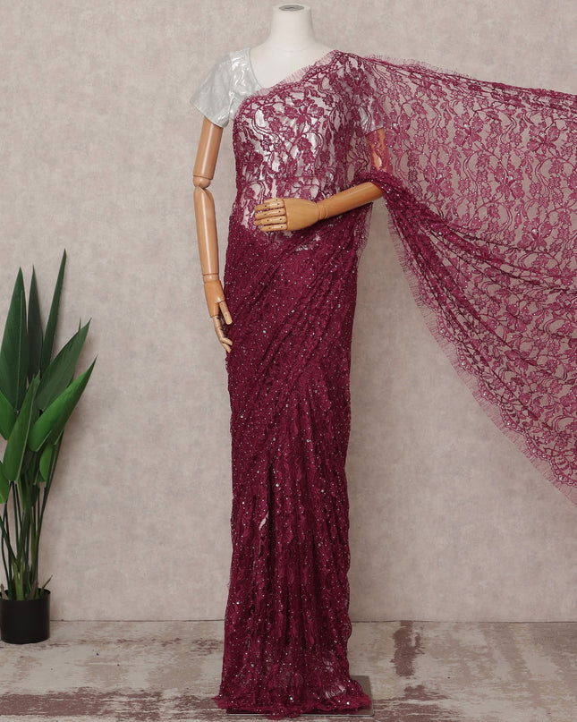 Wine Premium French 2-Tone Chantilly Lace Saree with Stone Work, Width 110 Cms, 5.5 Mtrs, France-D25563 Regal Fabrics