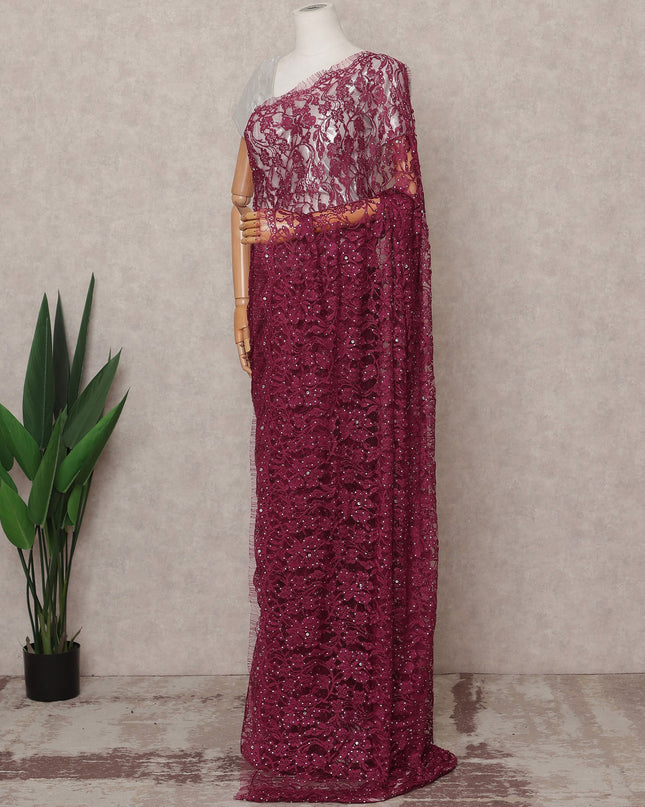 Wine Premium French 2-Tone Chantilly Lace Saree with Stone Work, Width 110 Cms, 5.5 Mtrs, France-D25563 Regal Fabrics