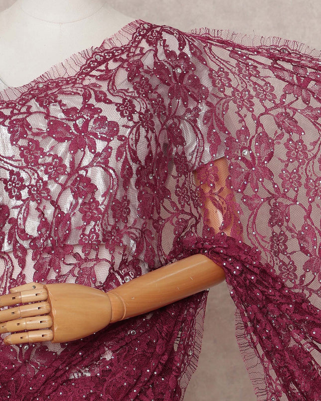 Wine Premium French 2-Tone Chantilly Lace Saree with Stone Work, Width 110 Cms, 5.5 Mtrs, France-D25563 Regal Fabrics