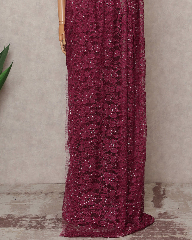 Wine Premium French 2-Tone Chantilly Lace Saree with Stone Work, Width 110 Cms, 5.5 Mtrs, France-D25563 Regal Fabrics