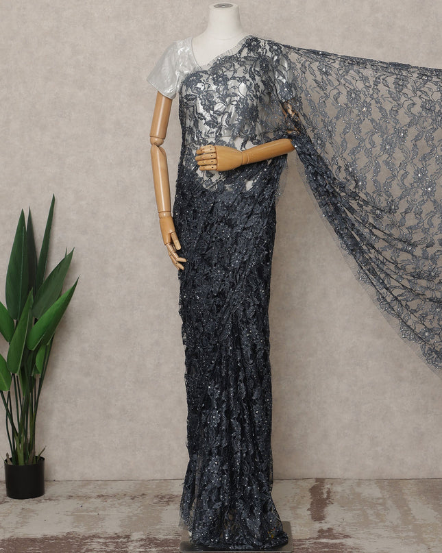Charcoal Grey Premium French 2-Tone Chantilly Lace Saree with Stone Work, Width 110 Cms, 5.5 Mtrs, France-D25557