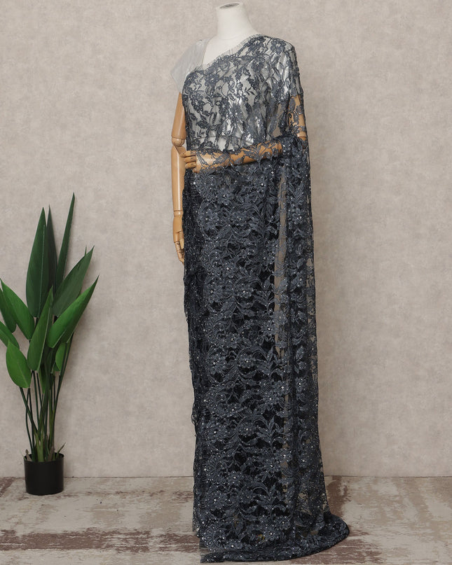 Charcoal Grey Premium French 2-Tone Chantilly Lace Saree with Stone Work, Width 110 Cms, 5.5 Mtrs, France-D25557