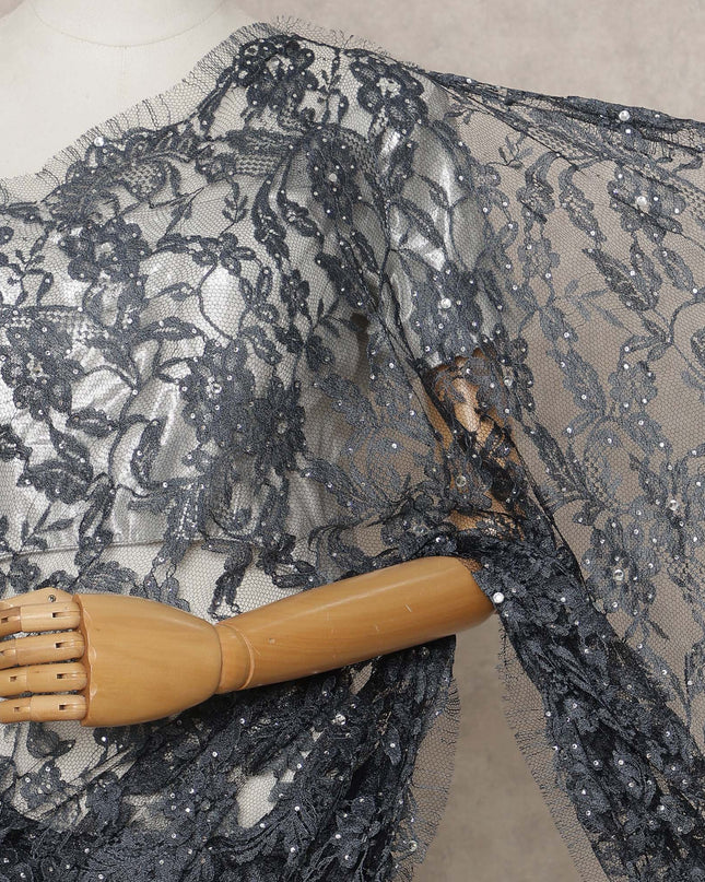 Charcoal Grey Premium French 2-Tone Chantilly Lace Saree with Stone Work, Width 110 Cms, 5.5 Mtrs, France-D25557