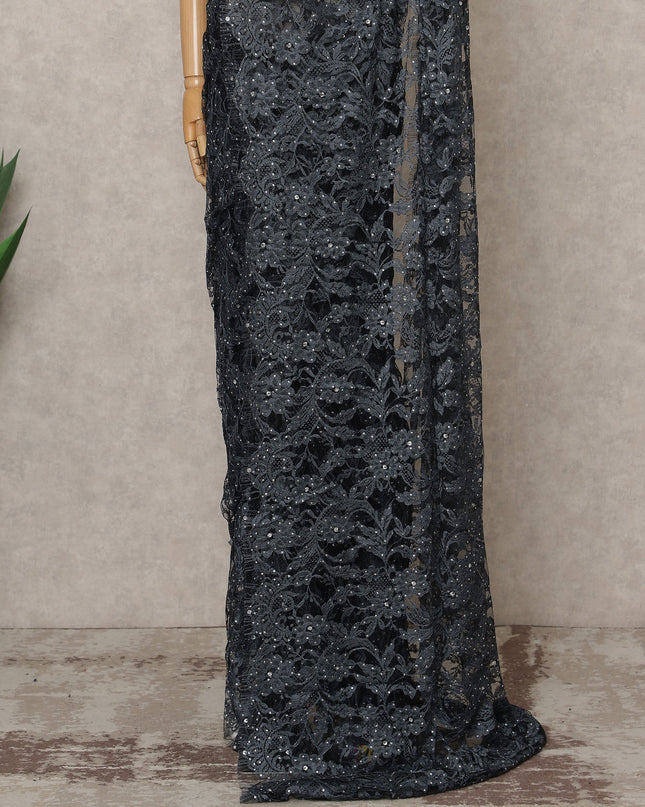 Charcoal Grey Premium French 2-Tone Chantilly Lace Saree with Stone Work, Width 110 Cms, 5.5 Mtrs, France-D25557