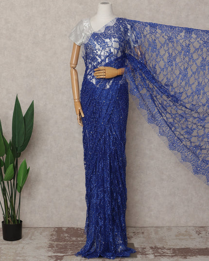 Royal Blue Premium French 2-Tone Chantilly Lace Saree with Stonework, 5.5 Mtrs with 110 Cms Width, Imported from France-D25422