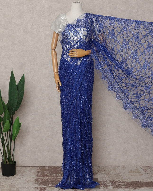 Royal Blue Premium French 2-Tone Chantilly Lace Saree with Stonework, 5.5 Mtrs with 110 Cms Width, Imported from France-D25422