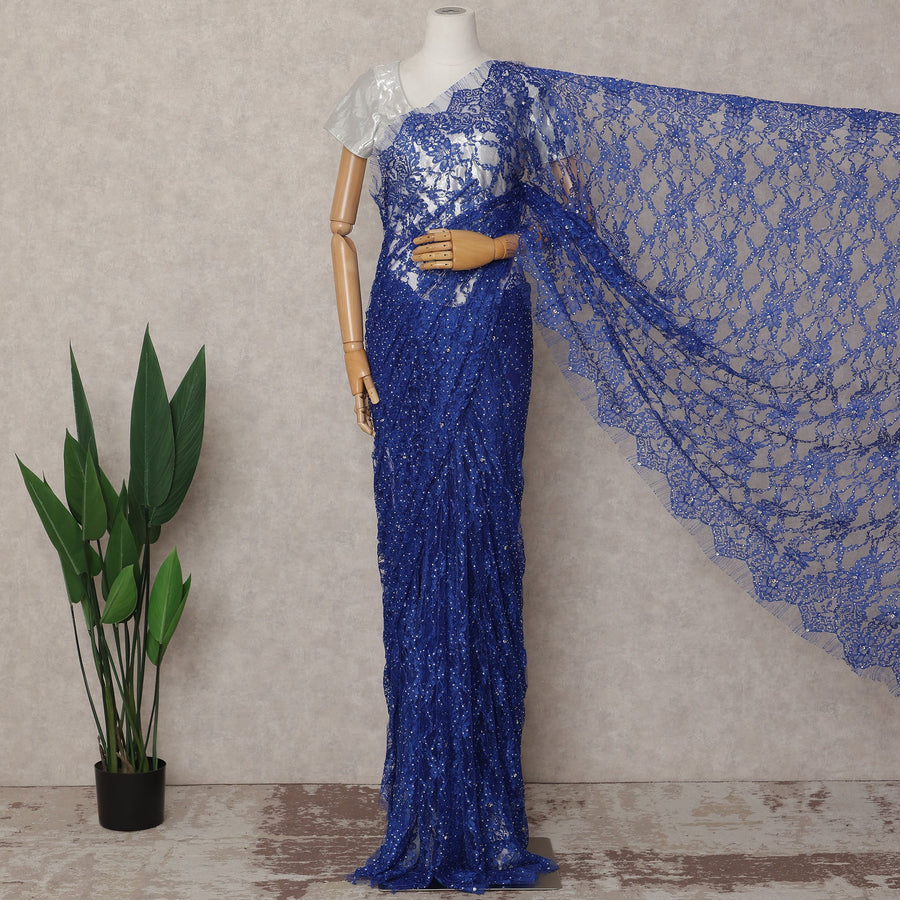 Royal Blue Premium French 2-Tone Chantilly Lace Saree with Stonework, 5.5 Mtrs with 110 Cms Width, Imported from France-D25422
