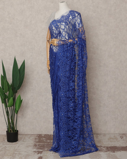 Royal Blue Premium French 2-Tone Chantilly Lace Saree with Stonework, 5.5 Mtrs with 110 Cms Width, Imported from France-D25422
