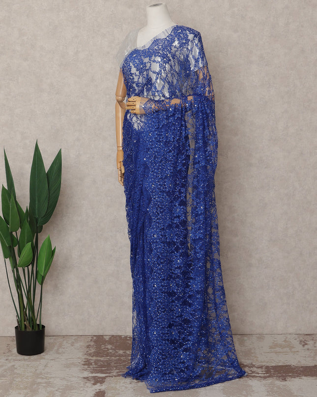 Royal Blue Premium French 2-Tone Chantilly Lace Saree with Stonework, 5.5 Mtrs with 110 Cms Width, Imported from France-D25422