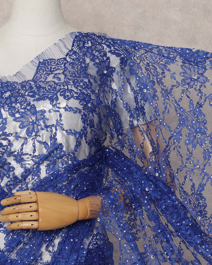 Royal Blue Premium French 2-Tone Chantilly Lace Saree with Stonework, 5.5 Mtrs with 110 Cms Width, Imported from France-D25422