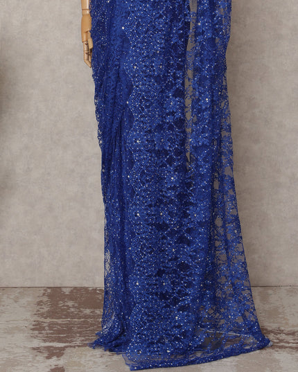Royal Blue Premium French 2-Tone Chantilly Lace Saree with Stonework, 5.5 Mtrs with 110 Cms Width, Imported from France-D25422