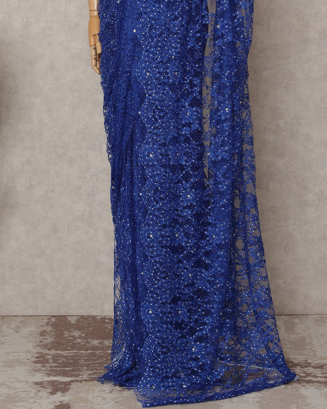 Royal Blue Premium French 2-Tone Chantilly Lace Saree with Stonework, 5.5 Mtrs with 110 Cms Width, Imported from France-D25422