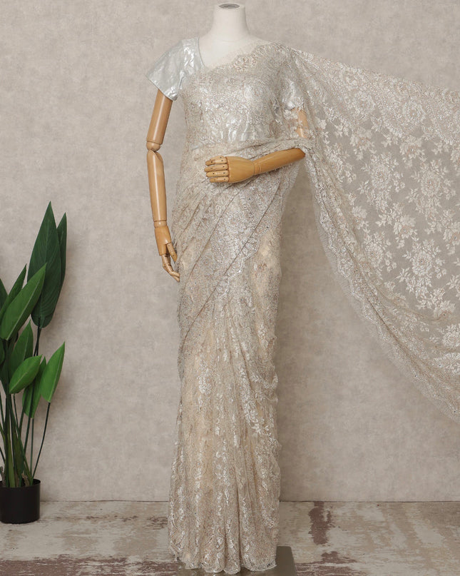 Silver Champagne Premium French Metallic Chantilly Lace Saree with Stone Work, Width 110 Cms, 5.5 Mtrs, France-D25598 Regal Fabrics