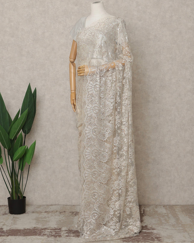 Silver Champagne Premium French Metallic Chantilly Lace Saree with Stone Work, Width 110 Cms, 5.5 Mtrs, France-D25598 Regal Fabrics